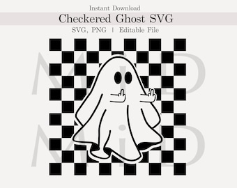 May include: A black and white checkered background with a white ghost giving the middle finger. The ghost has two black eyes.
