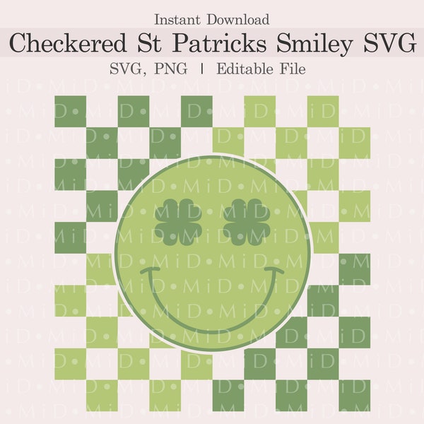 Checkered St Patricks Smiley Svg, Retro Clover Smiley Customizable Svg, Png, Editable Happy St. Patrick's Day Svg, Cricut, Instant Download
