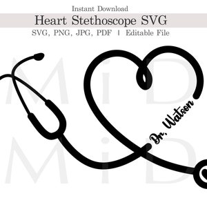 Estetoscópio de coração de médico (SVG), Estetoscópio de enfermeira personalizável (SVG), Médico (SVG), Moldura com nome de médico (SVG), Etiqueta de nome para estetoscópio (Cricut), Silhouette