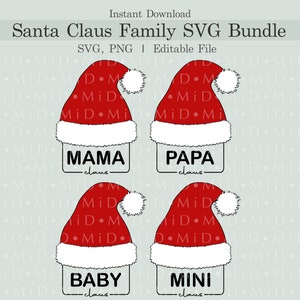Pacchetto di cornici con nomi di famiglia a forma di cappello di Babbo Natale in formato SVG, etichetta con nome di famiglia natalizio in formato PNG, mamma Natale, papà Natale, mini Natale, bambino Natale per Cricut, download