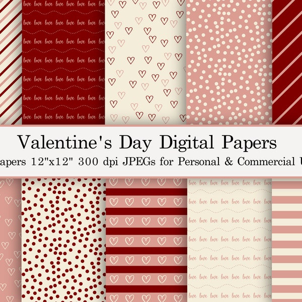 10 Valentine Hearts Seamless Digital Papers, Scrapbook Paper, Heart Backgrounds, Commercial Use Digital Paper, Printable Valentine's Day JPG