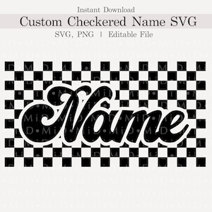 Könnte beinhalten: Schwarz-weiß kariertes Hintergrundbild mit dem Wort "Name" in einer fetten, stilisierten Schriftart. Die Schriftart ist weiß umrandet und hat ein Retro-Feeling.