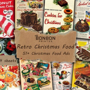 Retro kerstvoedseladvertenties, vintage vakanties, kortstondige feestdagen, junkjournaal, kerstgebak, gelei, snoepgoed, kersttaart, kerstkoken, bakkerij