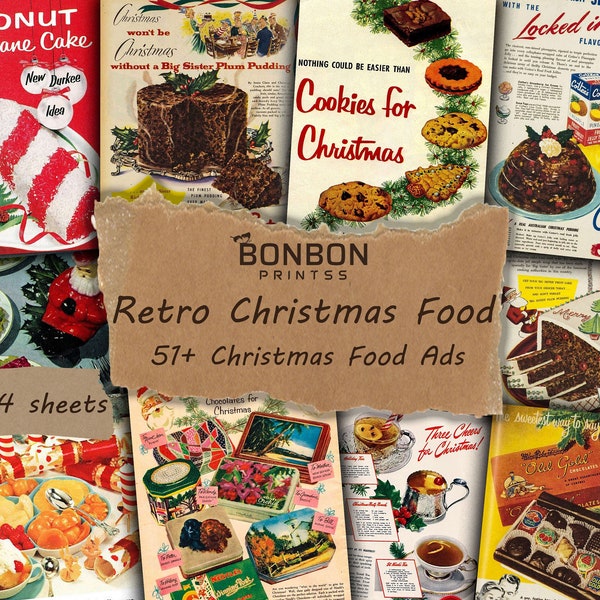 Retro Christmas Food Ads, Vintage Holidays Ephemera, Junk Journal, Christmas Baking, Jello, Candy Cane, Christmas Cake, Xmas Cooking, Bakery