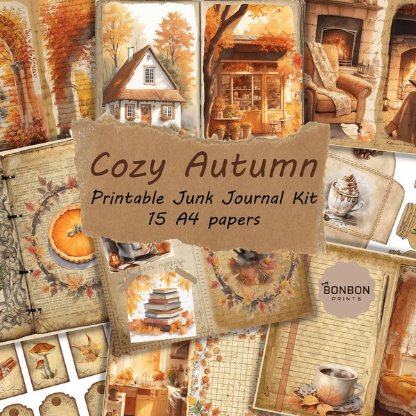Cozy Autumn Junk Journal Kit, Fall Ephemera, Fall Junk Journal Pages, Printable Paper, Digital Collage, Autumn Scene, Leaves, Pumpkin, Fall