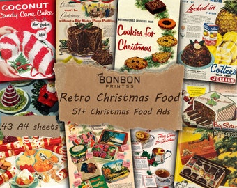 Retro Christmas Food Ads, Vintage Holidays Ephemera, Junk Journal, Christmas Baking, Jello, Candy Cane, Christmas Cake, Xmas Cooking, Bakery