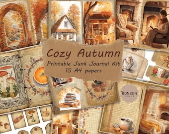 Op de afbeelding: Printbare junk journal kit met 15 A4-vellen met herfstthema's. De kit bevat afbeeldingen van een knusse cottage, een open haard, een pompoentaart, een kop koffie en herfstbladeren. De kit heeft de titel "Cozy Autumn Printable Junk Journal Kit 15 A4 papers".