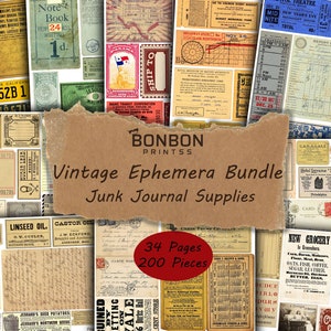 Paquete de efímeras vintage, el kit de álbumes de recortes definitivo, 34 páginas, 200 piezas, papeles antiguos, postales, cartas manuscritas, etiquetas, boletos, mapas