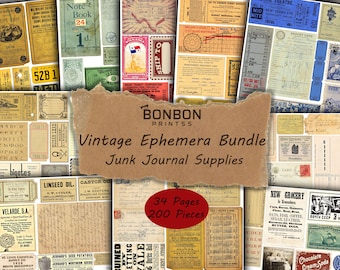 Paquete de efímeras vintage: Kit de scrapbooking (34 páginas/200 piezas), descarga digital