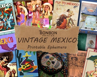 May include: A collage of vintage travel posters and ephemera featuring images of Mexico. The posters are in various colors and styles, and include images of people, landscapes, and cultural icons. The text on the posters includes "Travel Mexico", "Fly to Mexico", "Vintage Mexico", and "New Mexico".