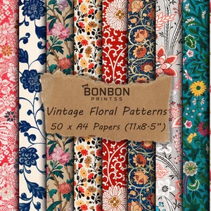 Vintage Blumenmuster, Junk Journal, Sofortiger Download, druckbares Papierpaket, Retro-Textil- und Tapetendrucke, Blumenkunst, Botanische Kunst