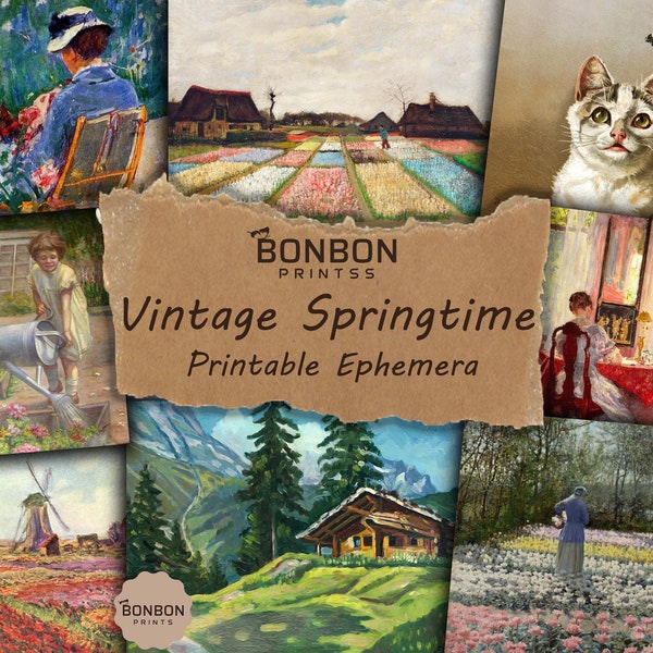 Vintage Springtime, Scrapbooking Ephemera, Vintage Classical Paintings, Flowers, Sunshine, Bee, Butterfly, Picnic, Rainbow, Blossoms, Floral