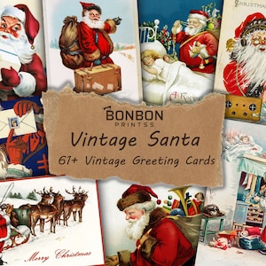 Estampas vintage de Papai Noel, Papai Noel vermelho, cartão de Natal, cartões vintage imprimíveis, coisas efêmeras de férias, decoração retrô festiva, diário de lixo eletrônico