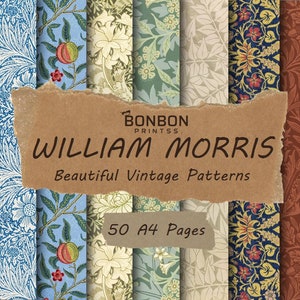 Könnte beinhalten: Eine Sammlung von 50 digitalen druckbaren Seiten mit Vintage-Mustern von William Morris. Die Muster sind in verschiedenen Farben, darunter Blau, Grün, Rot und Gelb. Die Muster sind floral, geometrisch und abstrakt. Der Text "Bonbon Prints" und "William Morris" ist auf dem Bild sichtbar.