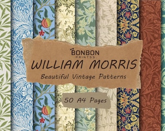 Könnte beinhalten: Eine Sammlung von 50 digitalen druckbaren Seiten mit Vintage-Mustern von William Morris. Die Muster sind in verschiedenen Farben, darunter Blau, Grün, Rot und Gelb. Die Muster sind floral, geometrisch und abstrakt. Der Text "Bonbon Prints" und "William Morris" ist auf dem Bild sichtbar.
