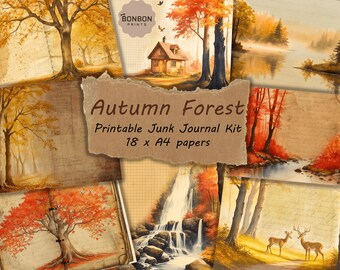 May include: A printable junk journal kit featuring 18 autumn forest themed papers. The papers include images of trees, a cabin, a waterfall, a lake, and deer. The kit is perfect for creating a unique and personalised journal.