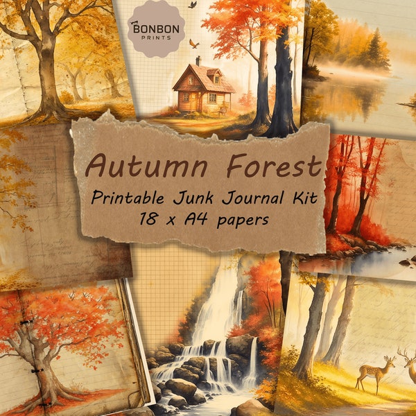 Autumn Forest Digital Papers, Junk Journal Kit, Fall Printable Pages, Scrapbooking Supplies, Autumn Scene, Foggy Forest, Journaling Supplies