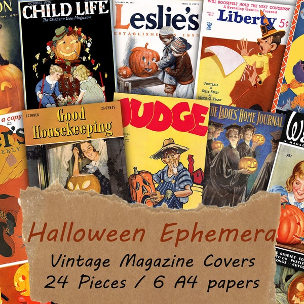 Halloween Ephemera, Vintage Magazine Covers, October, Witch, Pumpkin, Autumn Haunting, Digital Art, Junk Journal, Fall, Scrapbook Halloween