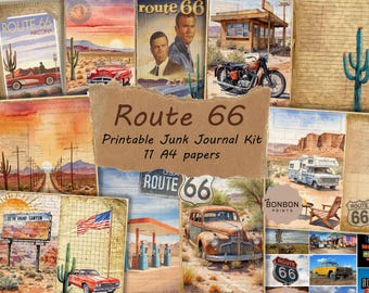 Pode incluir: Um kit de diário de sucata imprimível com 11 papéis A4 com imagens da Rota 66. O kit inclui imagens de carros antigos, paisagens desérticas e sinais da Rota 66. O texto "Route 66 Printable Junk Journal Kit 11 A4 papers" é exibido em um fundo marrom.