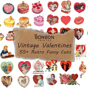 Vintage Valentinstag Icons, Pingelig Schnitt Ephemera, Junk Journal Zubehör, Digitale Pingelige Schnitte, Retro Liebe Symbole, Collage Sheet, Valentinstag