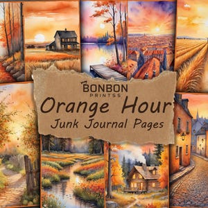 Orange Stunde Junk Journal Seiten, gemütlichen Sonnenuntergang Ephemera, Herbst digitaler Download, Herbst druckbare Papiere, Goldene Stunde Scrapbooking, Herbst Sonnenuntergang
