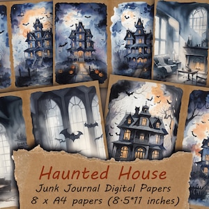 Haunted House Digital Papers, Halloween Junk Journal Kit, Ghostly Backgrounds, 8.5"x11", Foldable Papers, Pumpkins, Bats, Spooky House