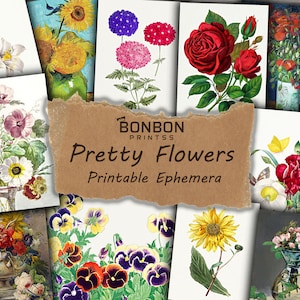 Jolies fleurs, fournitures pour journaux indésirables, kit éphémères, vintage, imprimable, téléchargement numérique instantané, peintures classiques, impressions florales, art
