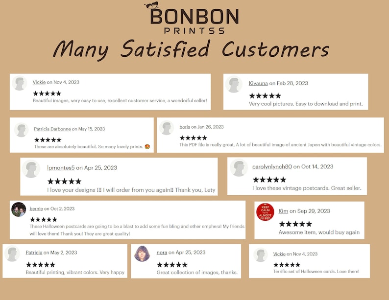May include: A collage of customer reviews for printable digital products. The reviews are positive and include five-star ratings. The reviews highlight the quality of the products, the ease of use, and the excellent customer service.