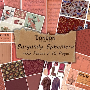 Effimera Borgogna vintage, Effimera scrapbook, Download istantaneo, Kit diario spazzatura stampabile, Fogli collage, Diario spazzatura, DOWNLOAD DIGITALE