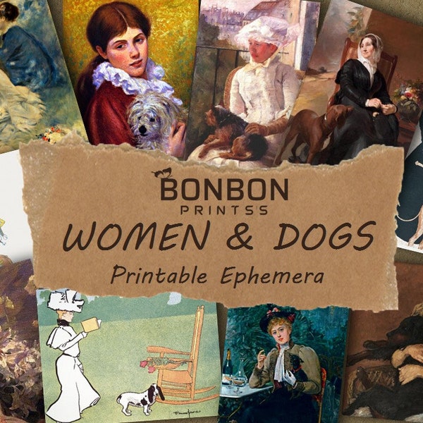 Women & Dogs, Junk Journal Supplies, Ephemera Kit, Vintage Printable, Digital Instant Download, Famous Classical Paintings, Adorable Dogs