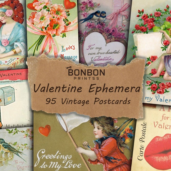 Valentine Ephemera, 95 Vintage Postcards, Romantic Retro Greetings, Valentine's Day, Shabby Love, Digital Printable, Scrapbooking Supplies