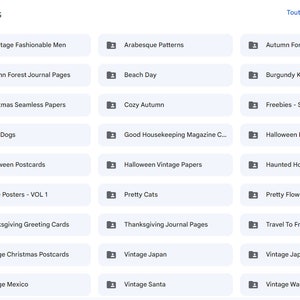 May include: A screenshot of a website with a list of digital downloads for sale. The downloads are organized into categories such as "Autumn Forest", "Vintage Christmas Postcards", and "Vintage Japan".