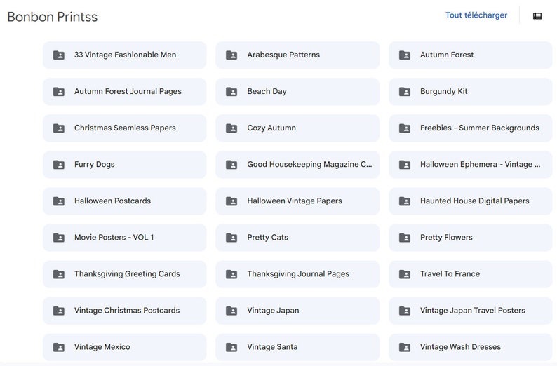 May include: A screenshot of a website with a list of digital downloads for sale. The downloads are organized into categories such as "Autumn Forest", "Vintage Christmas Postcards", and "Vintage Japan".