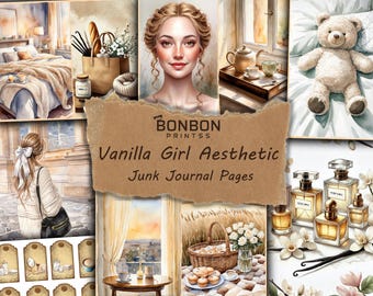 Páginas de diario basura con acuarela, estética de Vanilla Girl, minimalista acogedor, chica limpia, That Girl, imprimibles en tonos neutros, impresiones digitales acogedoras