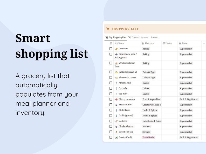 Notion Meal Planner & Grocery List Manager Notion Template for Shopping