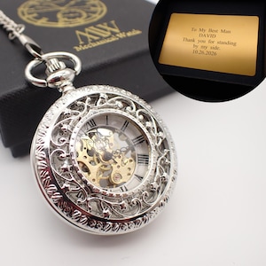 Coffret cadeau personnalisé, carte en métal gravée avec squelette mécanique de montre de poche en argent, argent Taschenuhr, cadeau de mariage pour homme