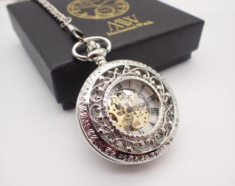 Mechanical Pocket Watch Silver Crown Style Durable and Stylish for Wedding Groomsmen Match with Tie Set