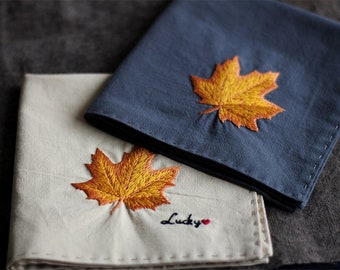 Embroidery Maple Leaf Handkerchief for Groomsmen Gift Men Lady Gift Personalized Cotton Pure Pocket Square Wedding Gift Valentine's Day