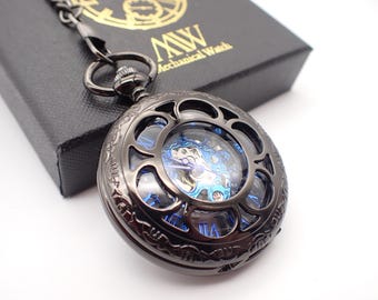 Skeleton Pocket Watch Metal Black with Blue Silver Mechanism Durable and Stylish for Wedding Groomsmen Match with Tie Set