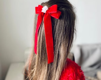 Burgundy and red velvet Christmas bow Christmas hair bow Pearl Beaded Velvet Hair Bow Barrette Velvet hair tie bow Velvet bow with clips