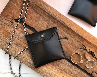 Travel jewelry pouch, Mini leather pouch handmade with a metal button-fastener