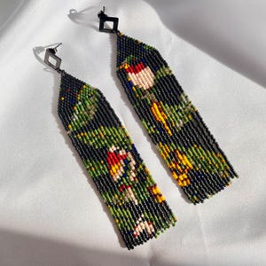 Perlen Kronleuchter Ohrringe, Blumen Rot Vogel Muster, lange Fransen Schmuck