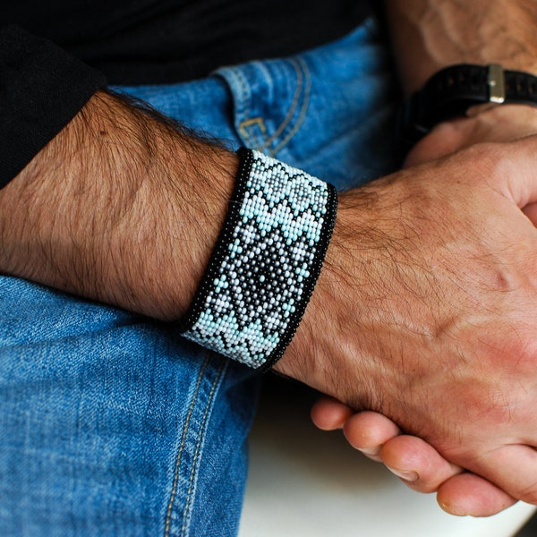 mens leather bracelet cuff with Ukrainian traditional motifs with beads of light gray and mint shades, mens jewelry for ultimate elegance