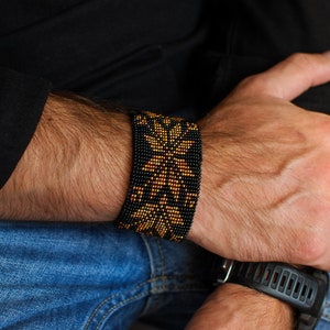 mens black leather bracelet of copper beads with geometric ukrainian pattern, stylish accessory for business men
