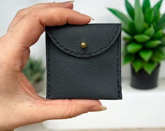 Compact Leather Coin Purse | Jewelry Storage Pocket | Mini Gray Pouch with a metal button Clasp