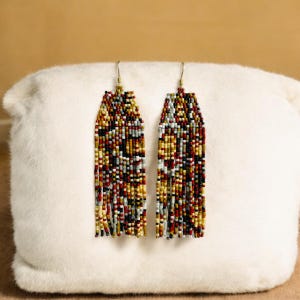 Snake Print Beaded Fringe Earrings, Seed Bead Chandelier Earrings, Brown Miyuki
