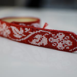 necklace of beads and leather with red and white floral ornament, Ukrainian traditional adjustable collars for women, folk chokers