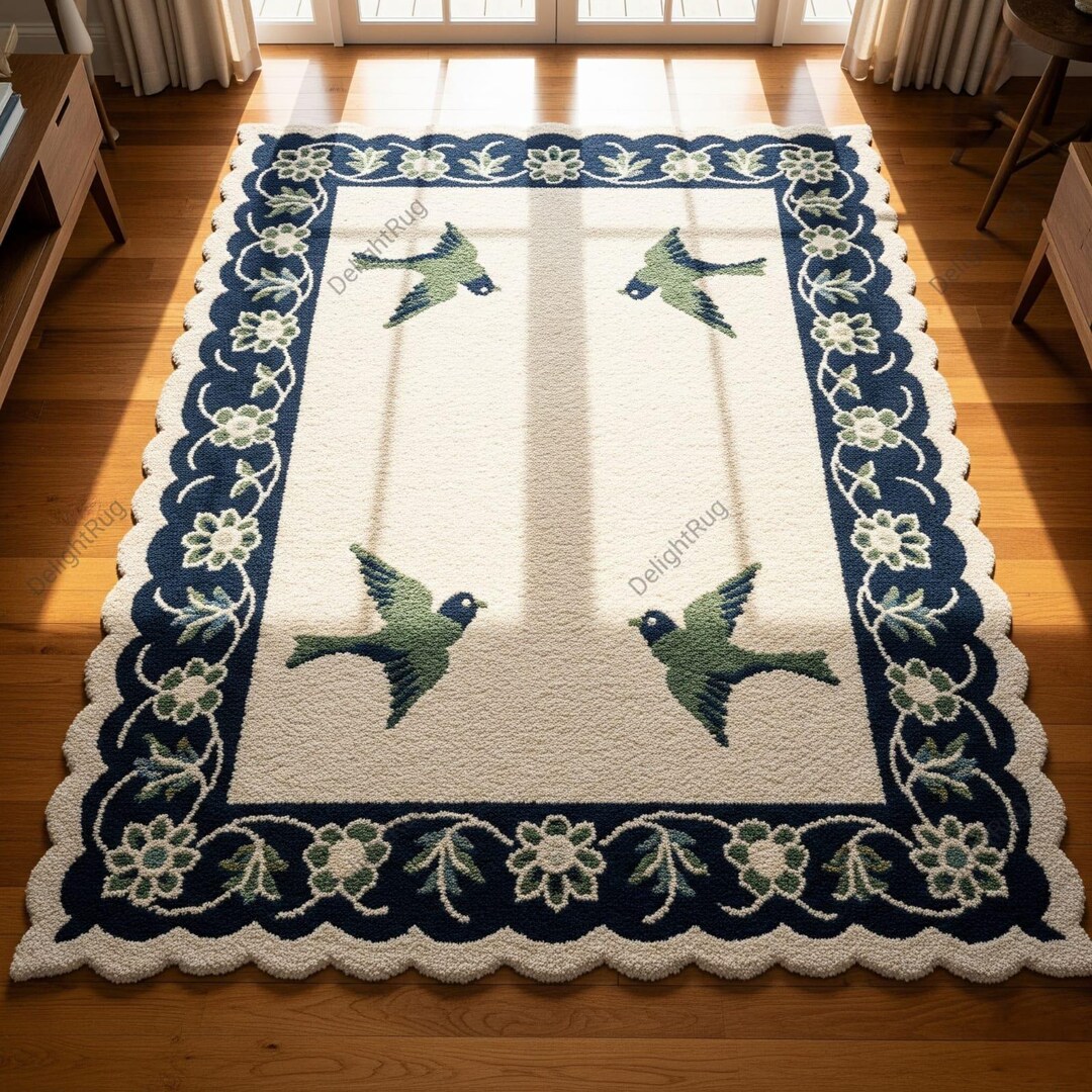 Off White Bird Design Hand Tufted Wool Rugs for Kids Room, Modern ...