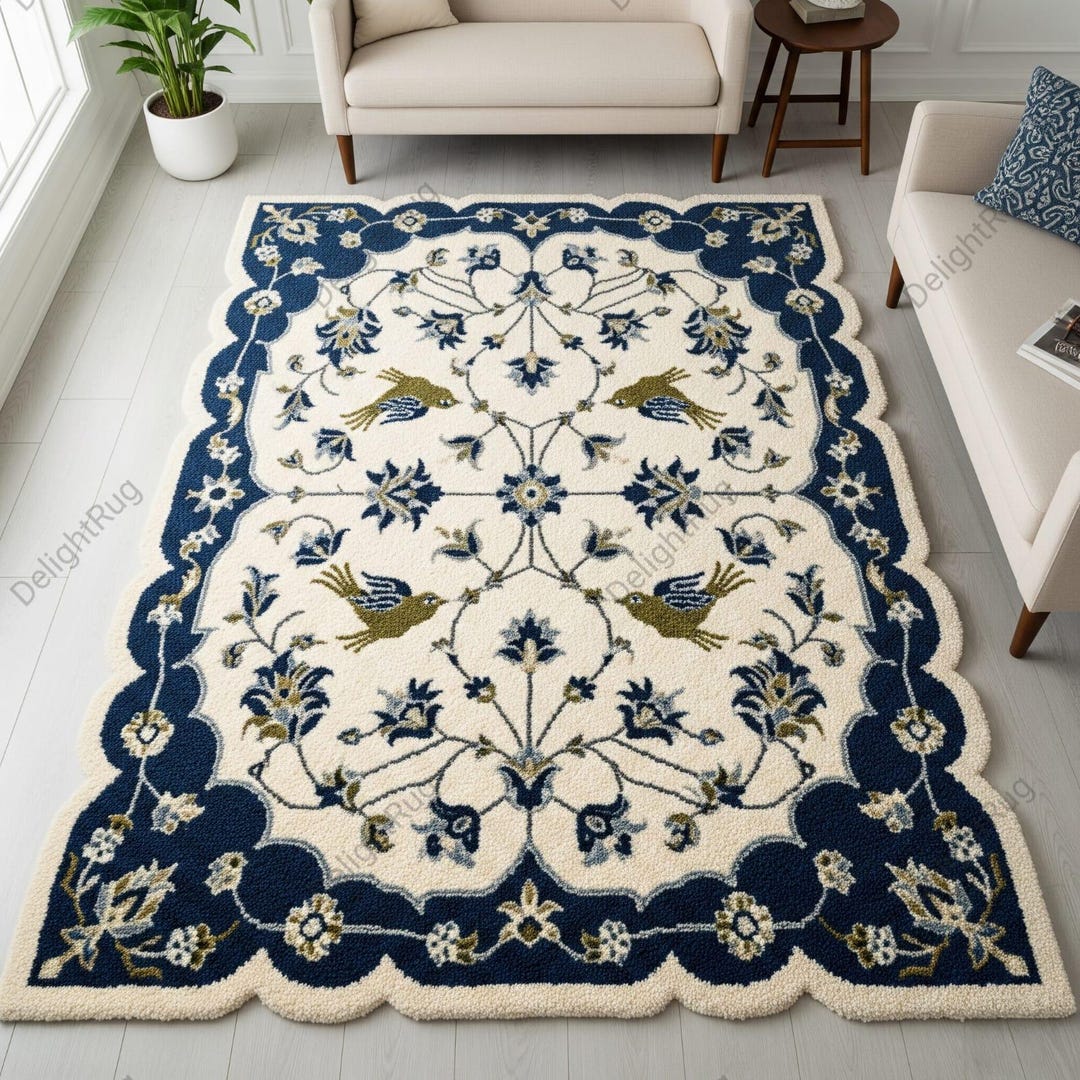 Off White Blue Floral Wool Rug, Hand Tufted Scalloped Modern Area Rug ...