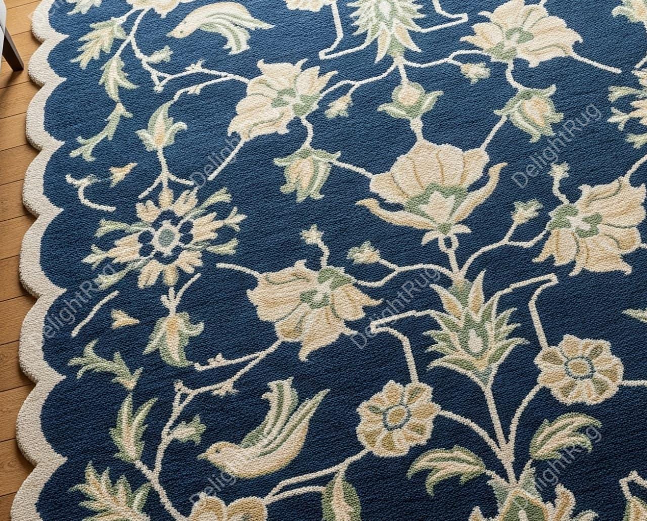 Navy Blue Floral Hand Tufted Wool Rug, Scalloped Modern Area Living ...